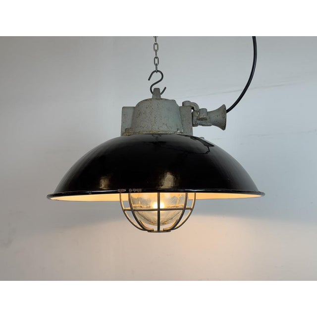 Black Enamel and Cast Iron Industrial Cage Pendant Light from Elektrosvit, 1960s For Sale - Image 16 of 18