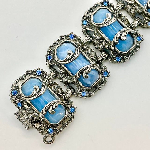 1920s Antique Art Deco Art Nouveau Blue Glass & Silver Tone Clasp Cuff Bracelet, 7” For Sale - Image 12 of 13