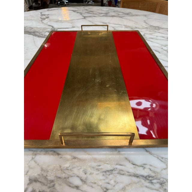 Vintage Red Lacquer & Brass Serving Tray With Handle For Sale - Image 4 of 7