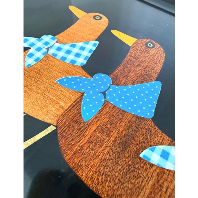 Black Classic Vintage Mid-Century Modern Couroc of Monterey, Ca Tray With a ‘Handkerchief Duck Trio’ With Hand Inlaid Wood, Brass, & Gingham/Dot Detailing For Sale - Image 8 of 12