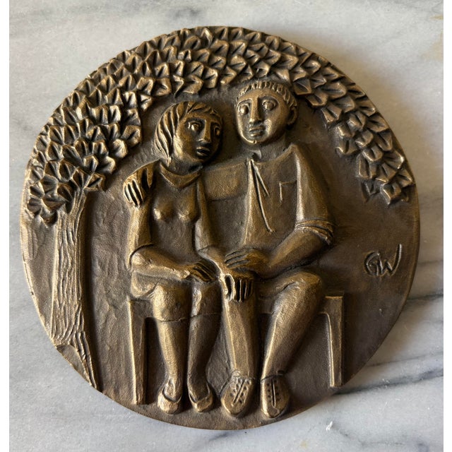 Vintage Egino Weinert Mid-Century Bronze Relief Plaque - Couple Under Tree For Sale - Image 4 of 5