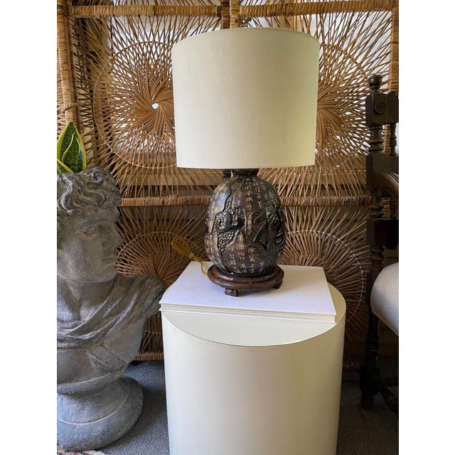 Vintage Asian Symbol Lamp on Bamboo Base Monochromatic Neutrals Chinese Characters Chinoiserie For Sale - Image 10 of 10