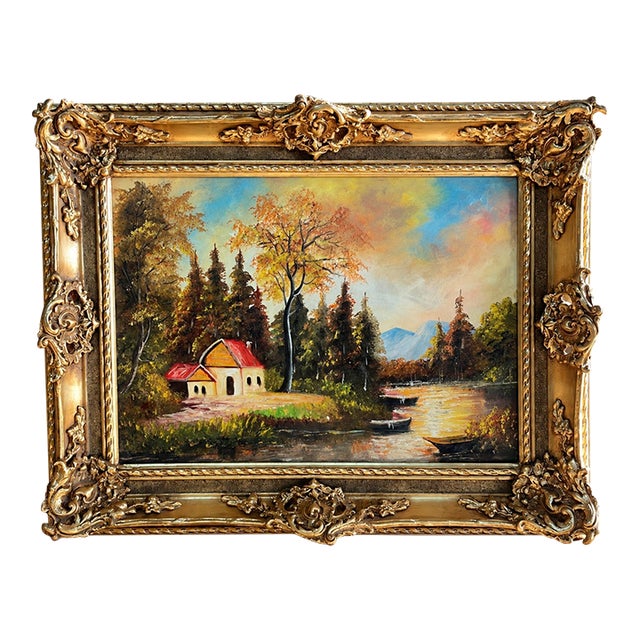 Rustic Woodland Landscape Painting – Lakeside Cottage Scene With Ornate Silver Leaf Frame For Sale