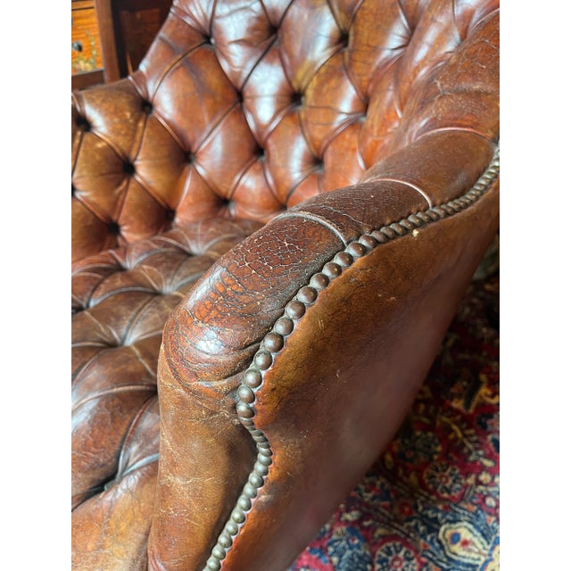 1920s Antique English Tufted Leather Library Chair For Sale - Image 9 of 11