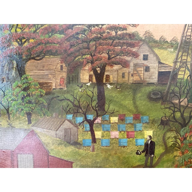 Sky Blue American School, 19th Century Farm Scene W/Halladay Standard Windmill Oil on Canvas Circa 1870 Windmill Inscribed Halladay Standard / Batavia,ILLS For Sale - Image 8 of 10