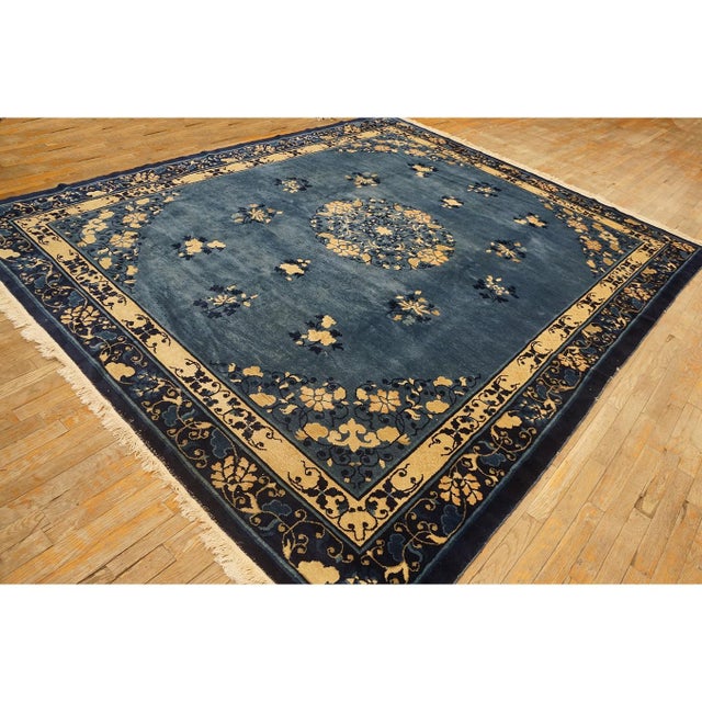 1920s Blue-Navy Background Floral-Medallion Design Antique Chinese Peking Rug For Sale In New York - Image 6 of 8