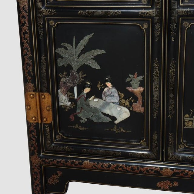 Early 20th Century Chinese Ebonized & Gilt Credenza With Figural & Floral Soap Stone Inlay 20thC For Sale - Image 6 of 17