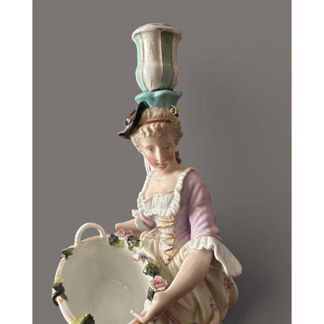 Antique Rococo Porcelain Figural Candlesticks from Sitzendorf, 1900, Set of 2 For Sale - Image 6 of 10