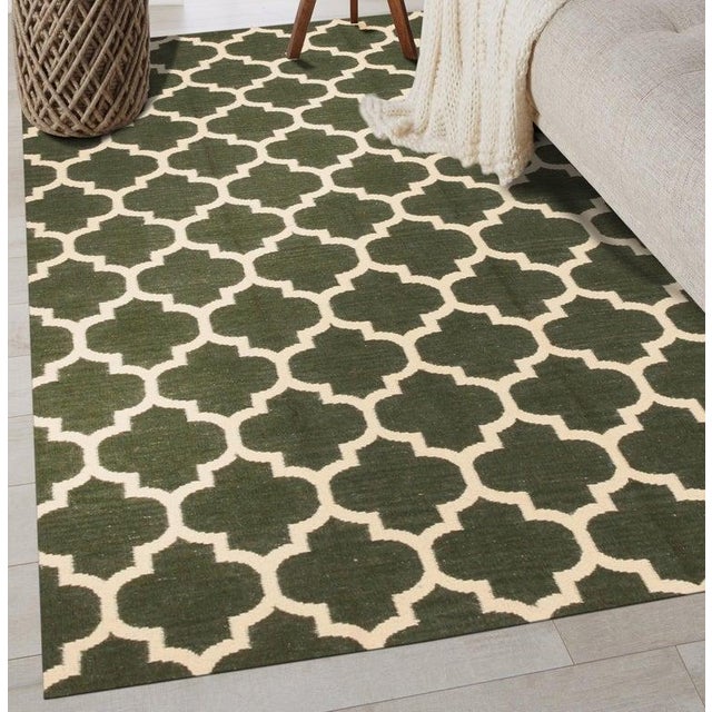 9x12 Green Flat Weave Wool Lattice Trellis Geometric Modern Carpet Rug For Sale In New York - Image 6 of 6