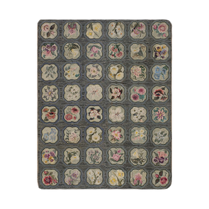 1930s Gray Roses Folk Art Antique American Hooked Rug 5'10" X 7'6" Woven Cotton Carpet