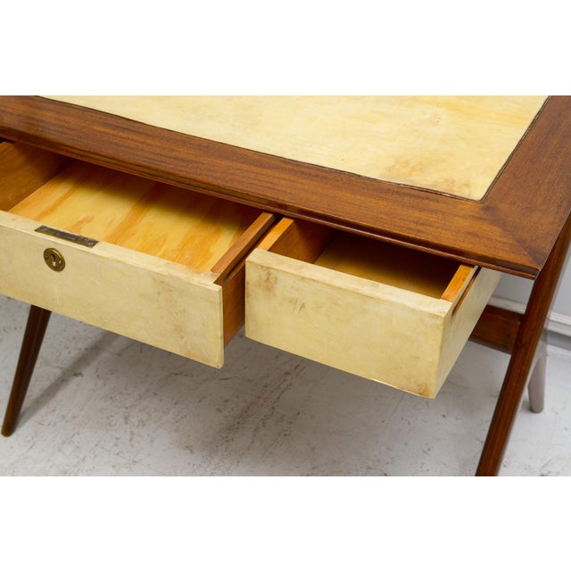 1950s Unusual Italian Mid-Century Mahogany and Parchment Desk With Three Drawers For Sale - Image 5 of 10