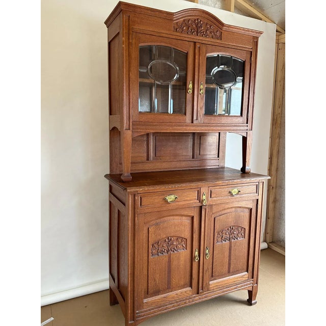 1920 Early American Buffet Art Deco Mid-Centry Oak Glass Doors. Latched Drawers & Original Key. For Sale In Monterey, CA - Image 6 of 12