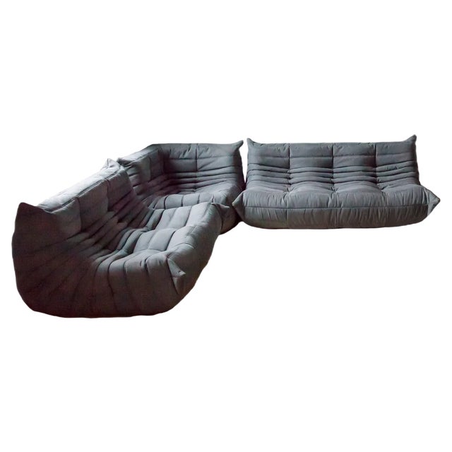 Grey Microfiber Togo Corner Chair, 2- and 3-Seat Sofa by Michel Ducaroy for Ligne Roset, Set of 3 For Sale
