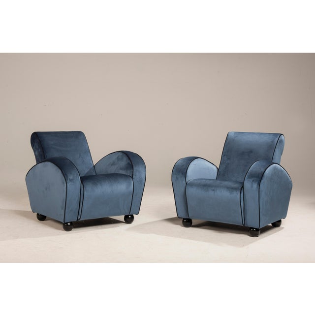 Set of Art Deco Blue Velvet Armchairs, 1940s For Sale - Image 3 of 18