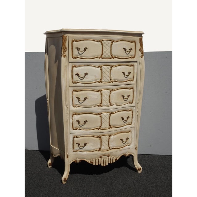 French Country Vintage Tallboy Dresser French Country Off White With Gold Trim Chest of Drawers For Sale - Image 3 of 13