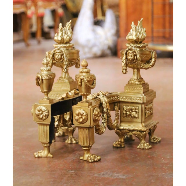 French Pair of 19th Century French Louis XVI Gilt Bronze Fireplace Chenets Andirons For Sale - Image 3 of 10
