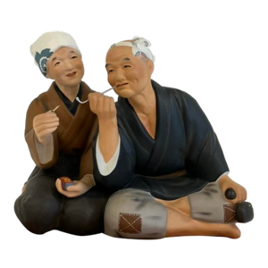 Vintage Japanese Figurine Couple on Cushion – Hand-Painted Resin Sculpture