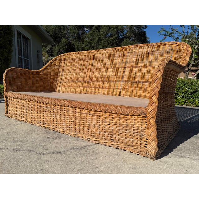 Vintage 72” Handwoven Rattan Sofa With Large Braid Trim For Sale In Naples, FL - Image 6 of 12