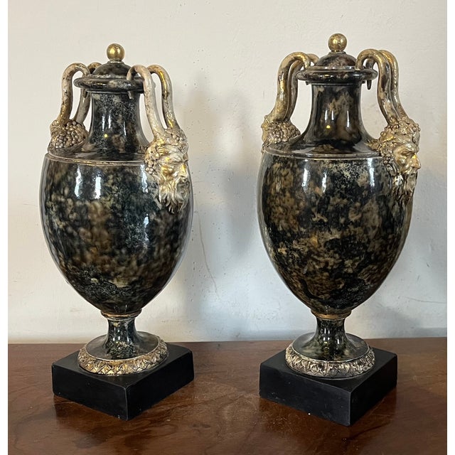 Gray Antique 18th Century George III Wedgwood & Bentley Creamware Urns or Mantel Vases With Faux Stone Glaze & Satyr Mask Handles Circa 1780 - A Pair For Sale - Image 8 of 18