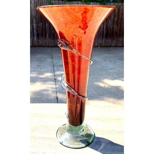 Hand-Blown 20" Amber Red Art Glass Trumpet Vase Applied Serpentine Spiral For Sale - Image 4 of 18