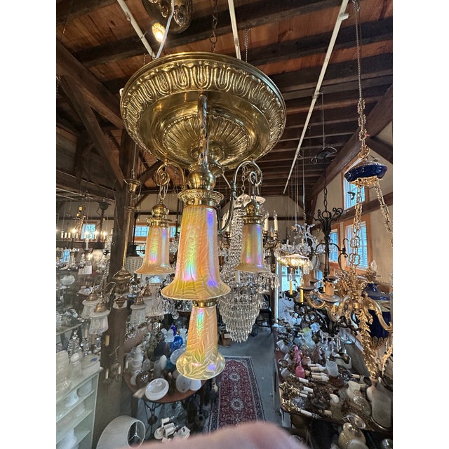Lundberg Studios Vintage 4 Light Brass Ceiling Fixture With Lundberg Studios Art Glass Shades For Sale - Image 4 of 8
