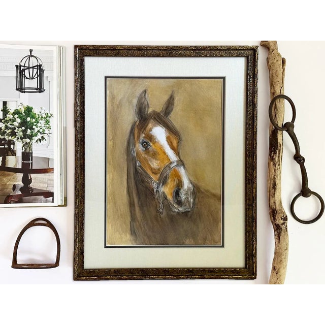 Here is a late 20th century abstract portrait of a bay horse by an unknown British sporting artist. This original mixed...
