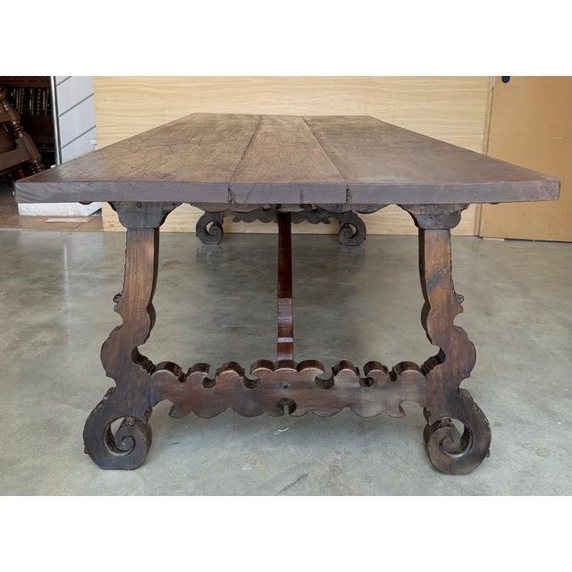 Renaissance 18th Large Spanish Dining or Desk Table with Carved Legs and Iron Stretcher For Sale - Image 3 of 18