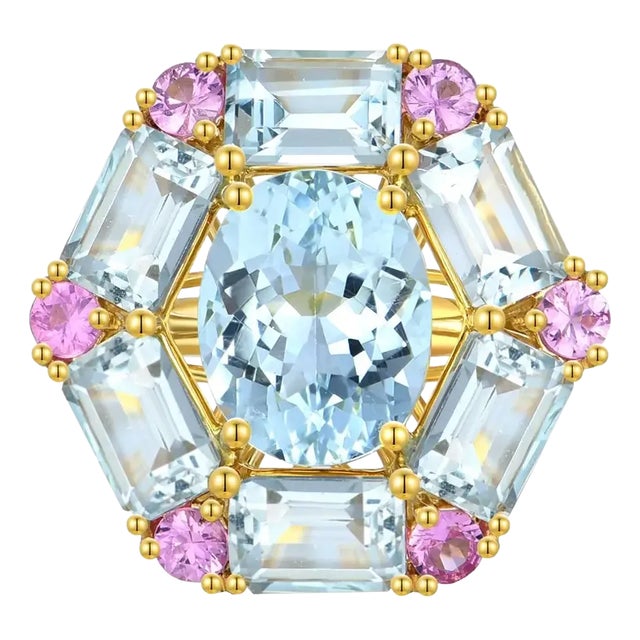 Nina Zhou Margeret Aquamarine Pink Sapphire Cocktail Ring in 14k Yellow Gold Ring, size 7.5 For Sale