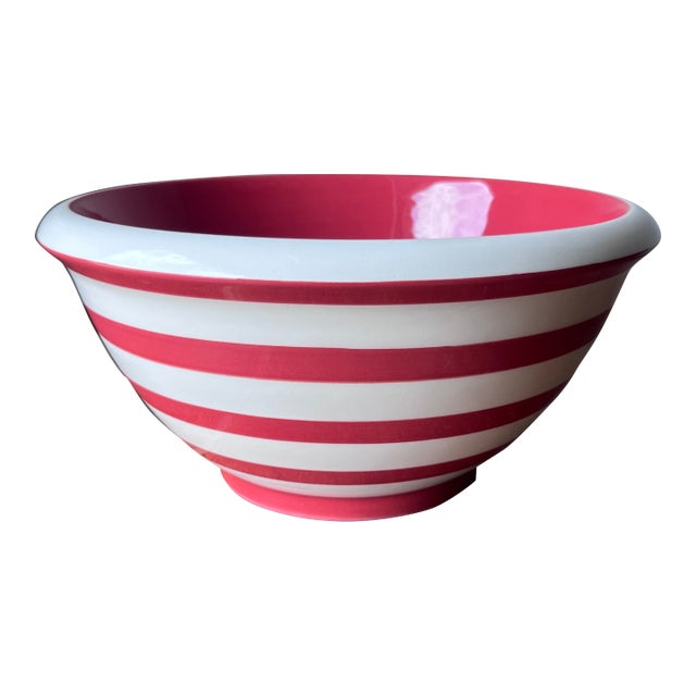 Late 20th Century Terramoto Pottery San Francisco Red and White Striped Mixing Bowl 9.25" For Sale