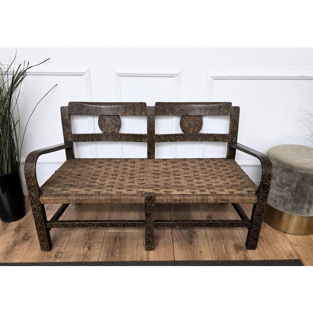 Mid-Century Modern Vintage Italian Burl Wood and Cord Woven Rope Lounge Bench, 1960s For Sale - Image 3 of 10