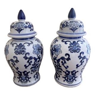 Large Chinoiserie Blue and White Porcelain Ginger Jars, Pair For Sale