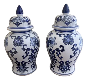 Large Chinoiserie Blue and White Porcelain Ginger Jars, Pair