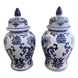 Late 20th Century Chinoiserie Large Blue and White Porcelain Ginger Jars, Pair For Sale