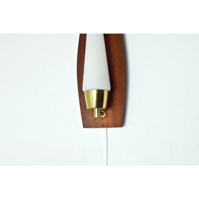 1960s Scandinavian Modern Wall Light in Teak Brass and Opaline Glass, 1960s For Sale - Image 5 of 11
