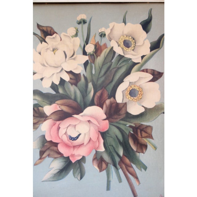 Antique still life print in a lovely faded color pallet, displayed under glass. Presented in it's original stylish antique...