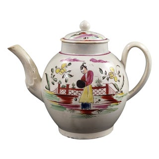 Antique English Polychrome Chinoiserie Creamware Teapot, 1700s For Sale