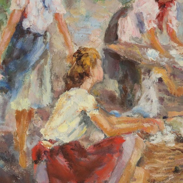 Elena Bagnati, Scene with Women at the Washhouse, Oil Painting on Canvas, Framed For Sale - Image 5 of 12