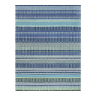 4x6 Blue Hand-Knotted Wool Striated Bands Geometric Modern Carpet Rug For Sale