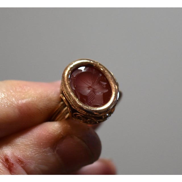 1930s 14k Yellow Gold Carnelain Soldier Warrior Intaglio Signet Ring Sz 10.25 For Sale - Image 9 of 17