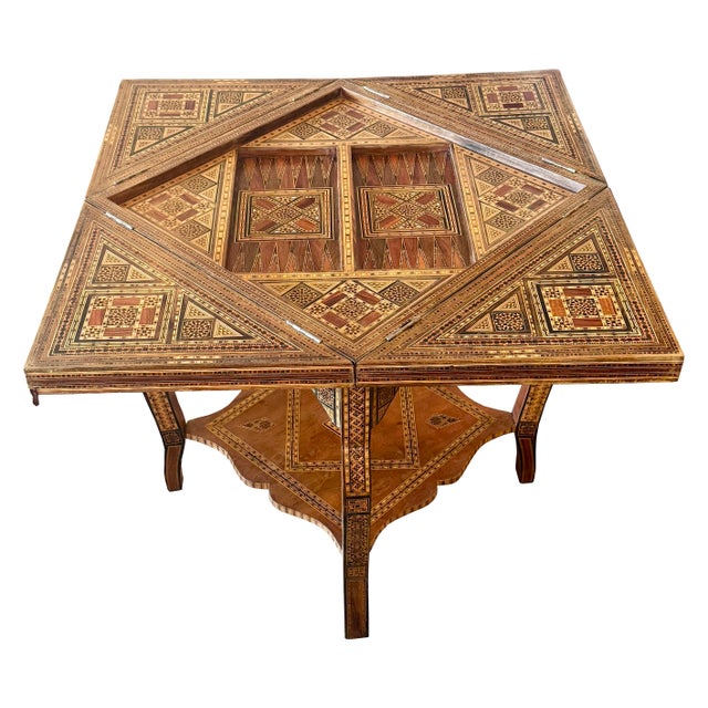 Chestnut Vintage Marquetry Wood Inlay With Mother of Pearl Folding Game Table For Sale - Image 8 of 18
