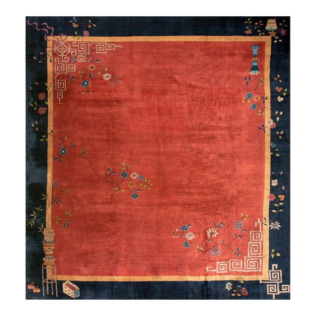 Beautiful Red and Blue Color With Flower Vases Design Antique Chinese Art Deco Rug For Sale