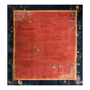 Beautiful Red and Blue Color With Flower Vases Design Antique Chinese Art Deco Rug