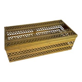 Vintage Brass Tissue Box Holder Pierced Filigree Gold Tone Kleenex Box Cover For Sale