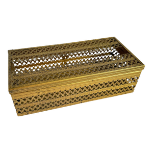 Vintage Brass Tissue Box Holder Pierced Filigree Gold Tone Kleenex Box Cover