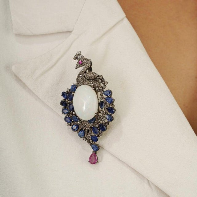 Handcrafted Peacock Brooch Pendant Featuring 23.32 Carats of Gemstones & Diamonds For Sale - Image 4 of 10