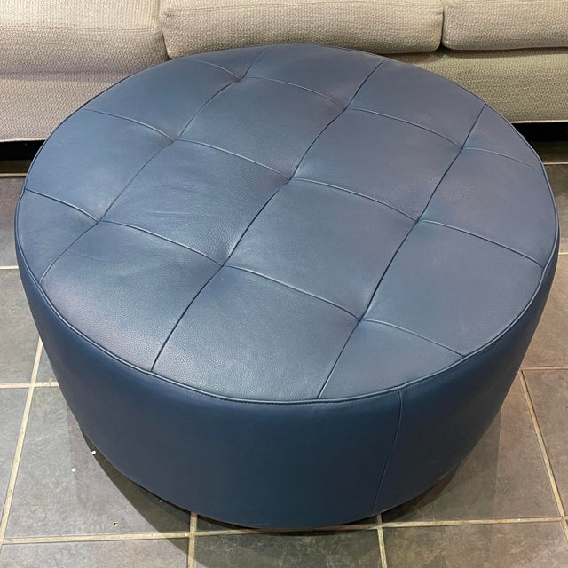 Lee Industries Marine Blue Leather Ottoman Chairish