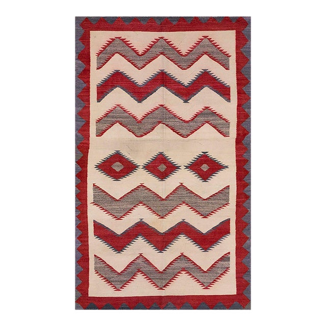 Awesome Ivory Background Color and Tribal Geometric Design Antique American Navajo Flatweave Rug For Sale