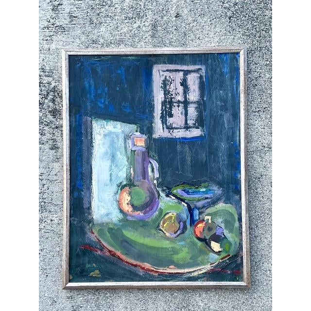 This evocative vintage original painting captures the moody, introspective spirit of Mid-Century Expressionism. Rendered...