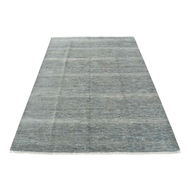 Fine Contemporary Rug 8'2'' X 10'2'' Blue Ivory Wool Hand-Knotted Carpet For Sale