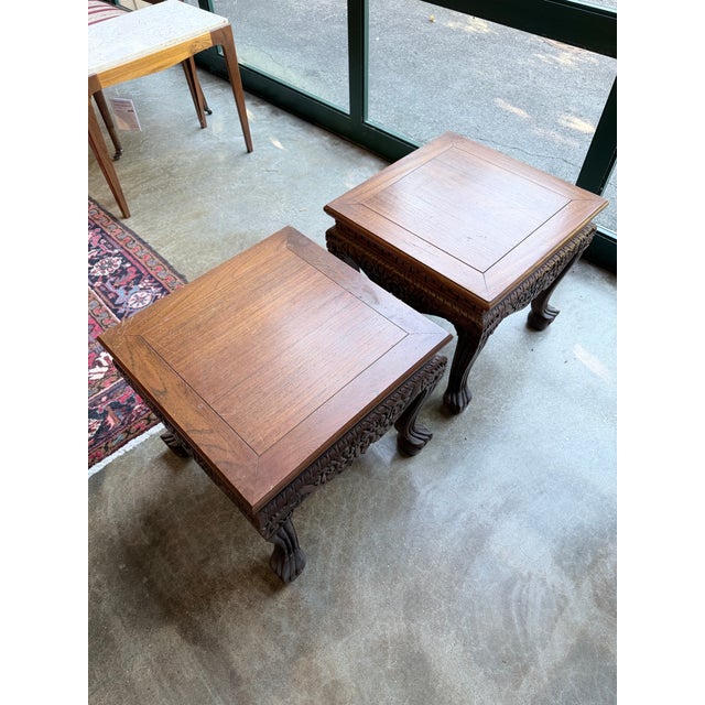 Chinoiserie Pair of Vintage Asian Chinoiserie Carved Hardwood Low Side Tables For Sale - Image 3 of 8